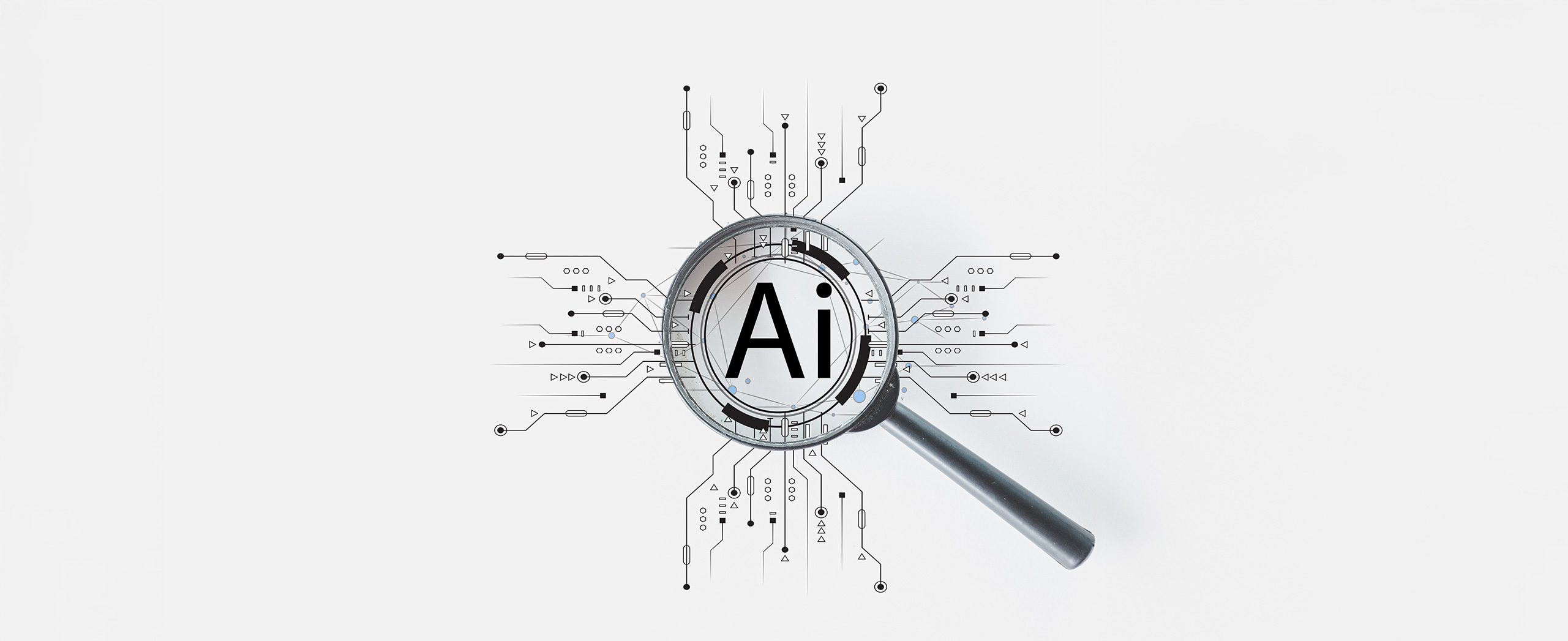 A magnifying glass with "Ai" in the middle and digital circuits spreading out on all sides.