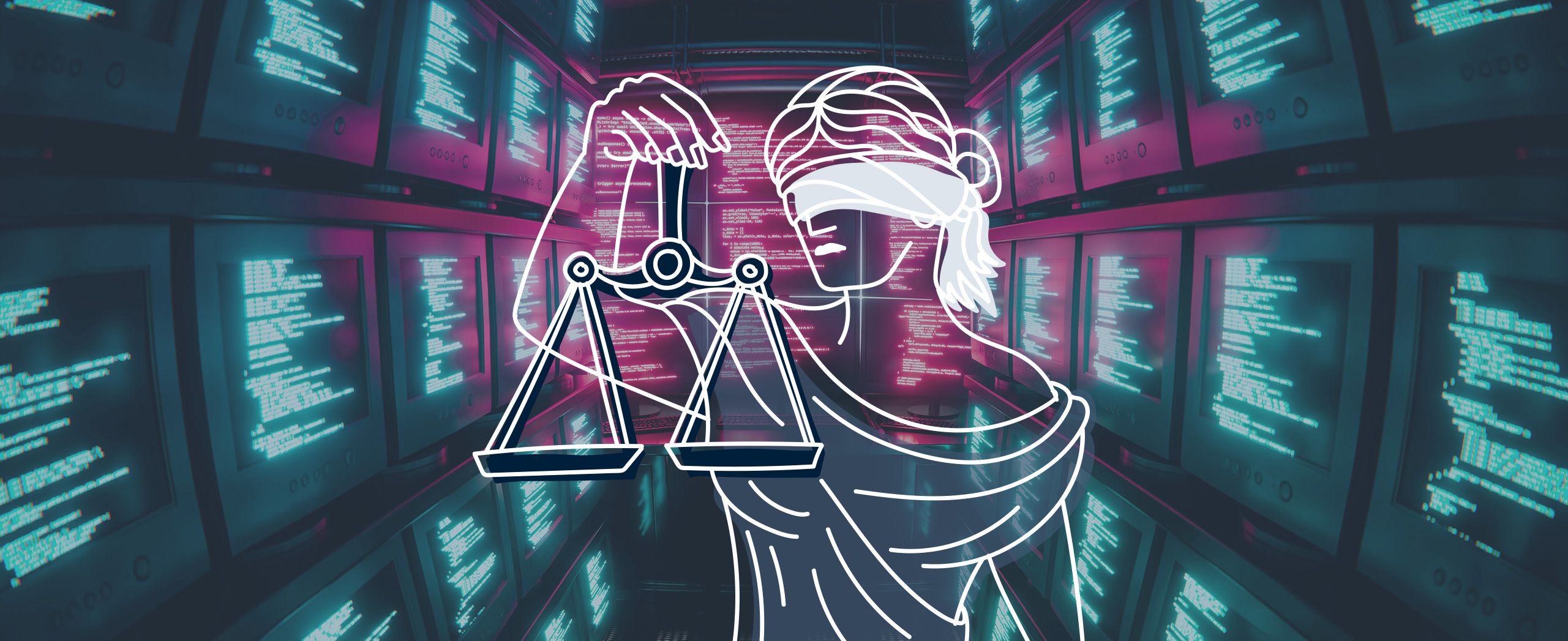 An illustration of the goddess of justice in front of a large room of computer monitors.