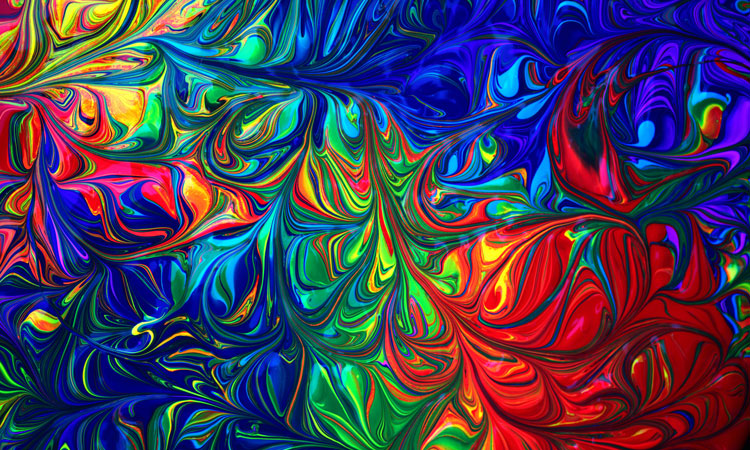 Abstract paintings of colourful rainbow swirls