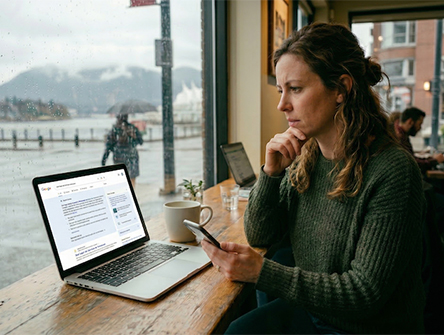 A person sitting in a coffee shop looking at an open laptop.