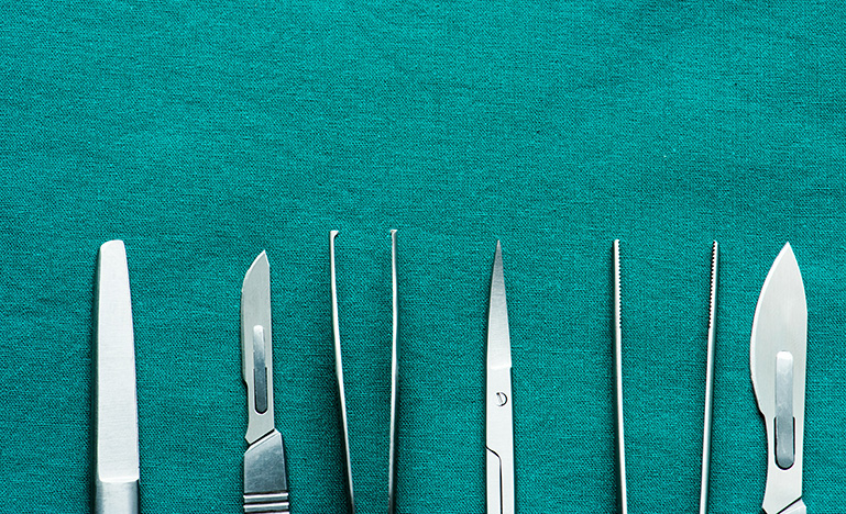 Surgical instruments lined up in a row.