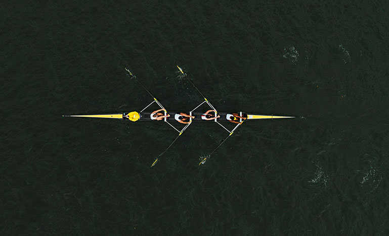 Aerial photo of a rowing team