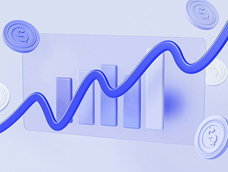 A 3D graphic of a line and bar graph showing increasing funds.