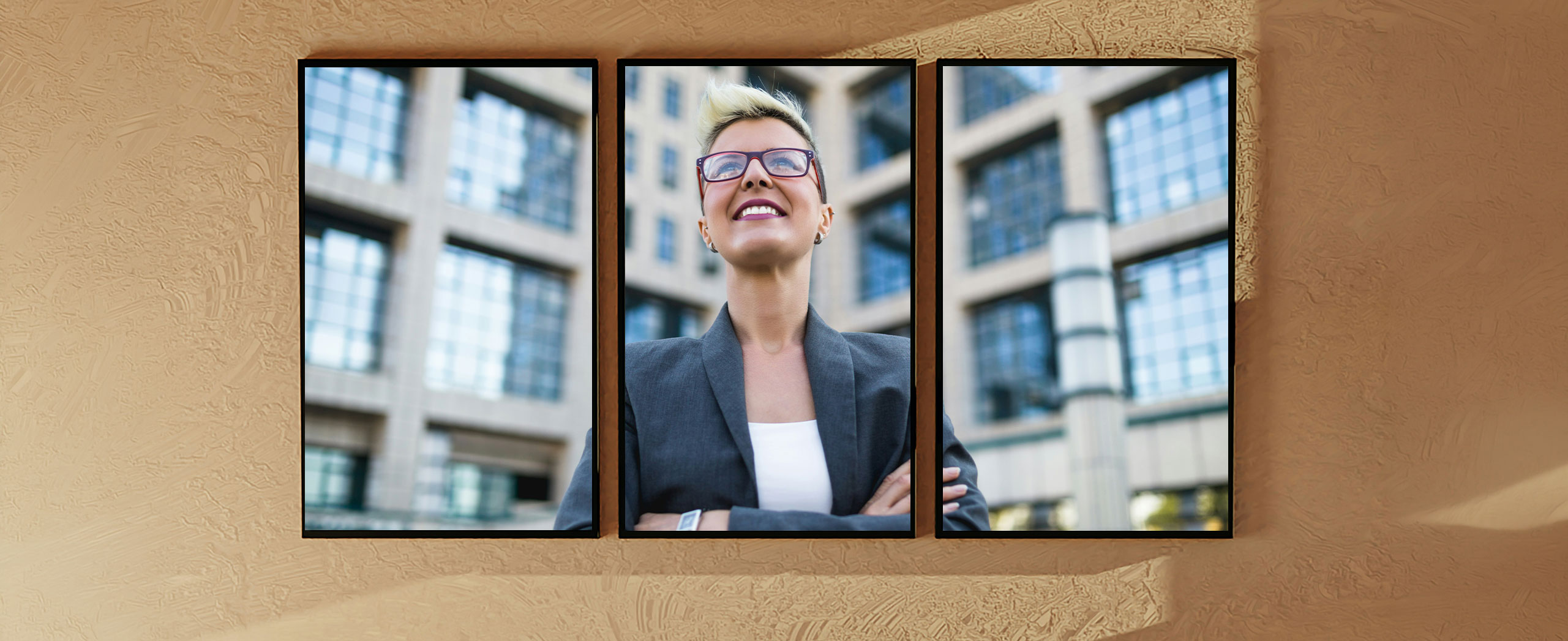 Three picture frames with a photo of a woman covering all three. 