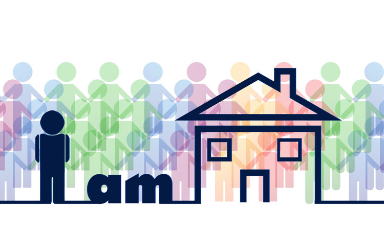 The word "am" between a black stick figure and a line drawing of a house with colourful stick figures in the background