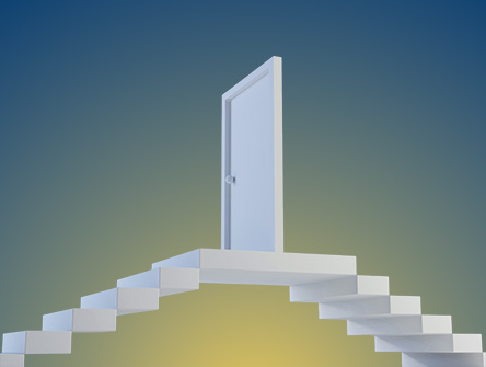 Two sets of stairs rising on either side of a single door.