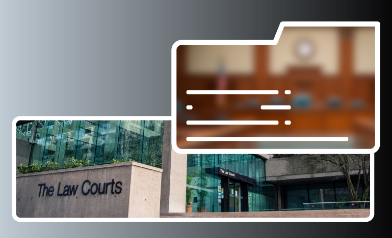 A file folder with a blurred image of an empty courtroom over a photo of The Law Courts building