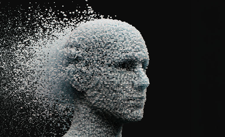 A stoic human face comprised of pixels. 