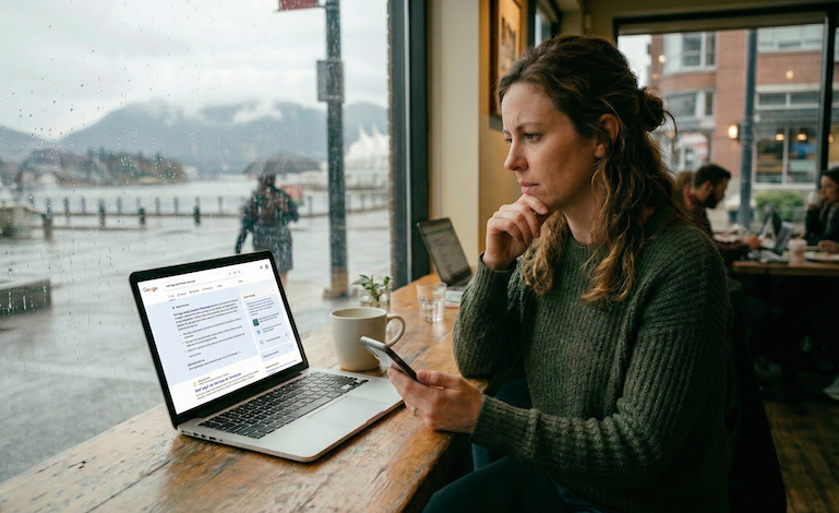 A person sitting in a coffee shop looking at an open laptop.