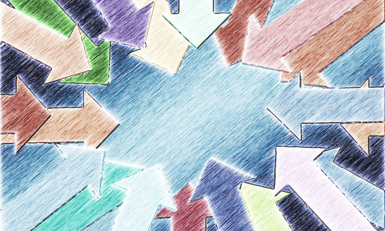 Drawn arrows in assorted colours pointing towards each other