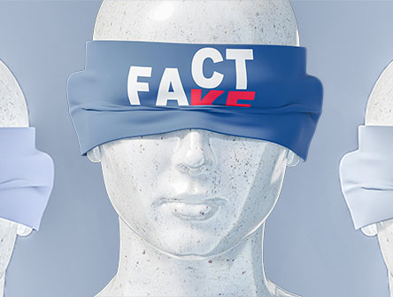 A blindfolded androgenous subject with "Fact/Fake" written on the blindfold.