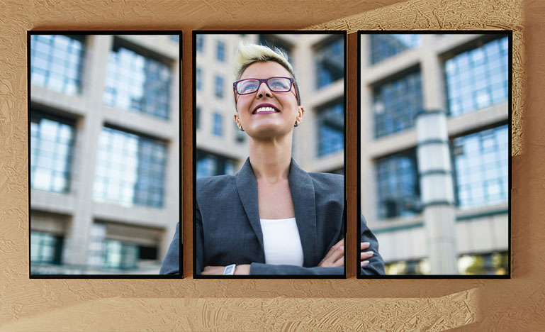 Three picture frames with a photo of a woman covering all three. 