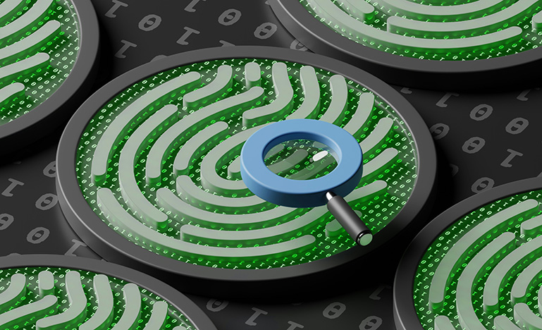 A digital fingerprint with a magnifying glass on top of it.