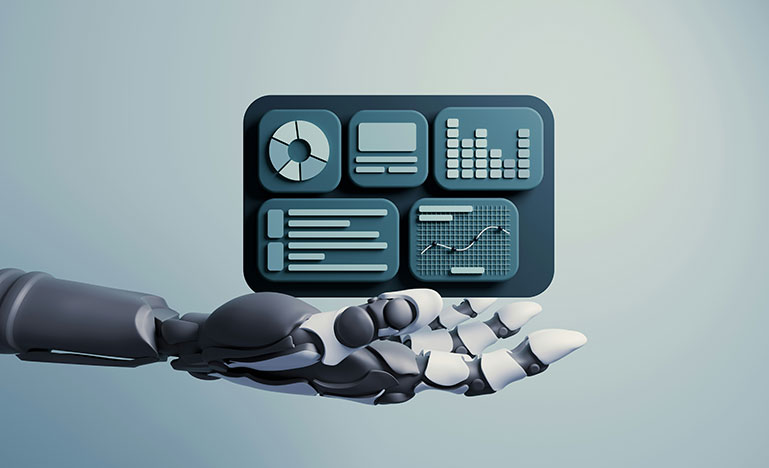 A robot hand holding a collection of charts and graphs. 
