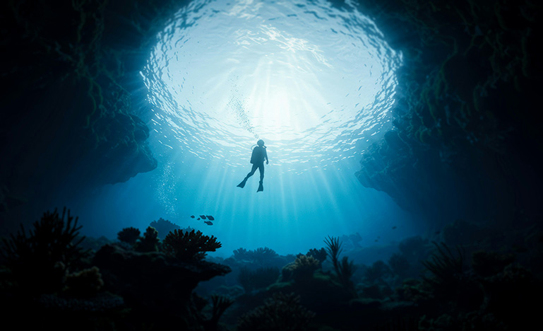 A scuba diver swimming in the ocean. 