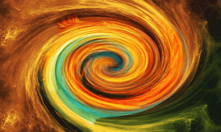 Red, orange, yellow, green, blue and black colours forming a spiral