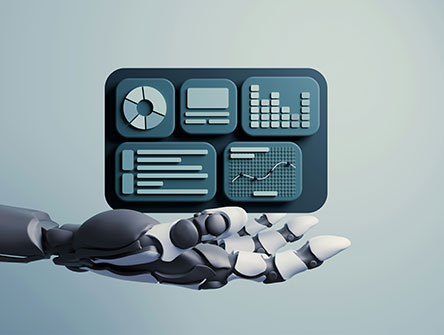 A robot hand holding a collection of charts and graphs. 