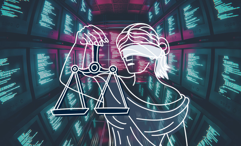 An illustration of the goddess of justice in front of a large room of computer monitors.