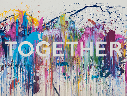 An abstract collage of brightly coloured paint splotches with "Together" stenciled into it.