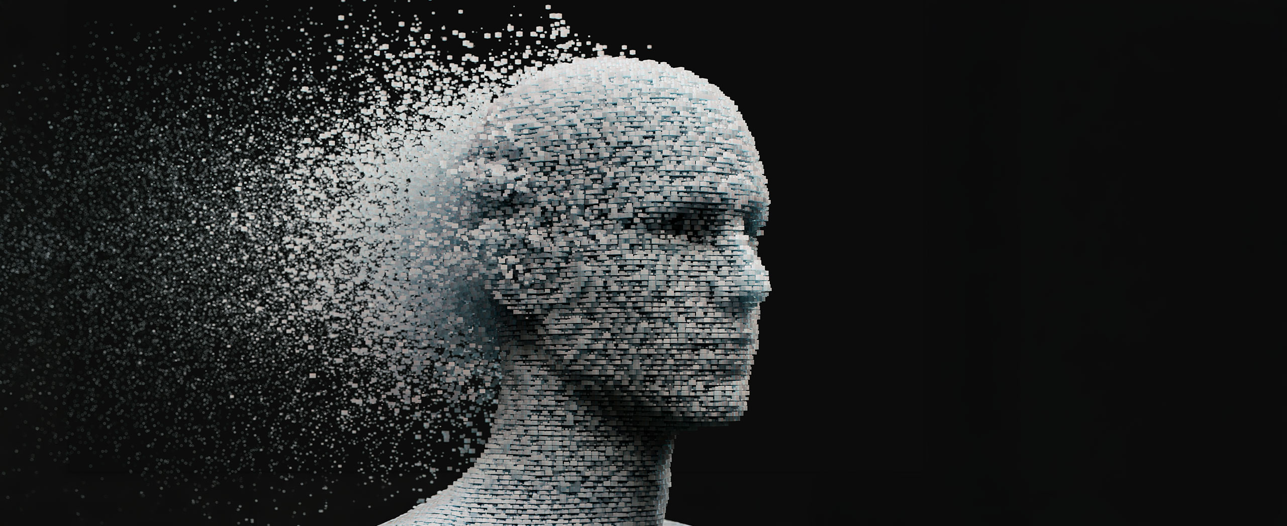 A stoic human face comprised of pixels. 