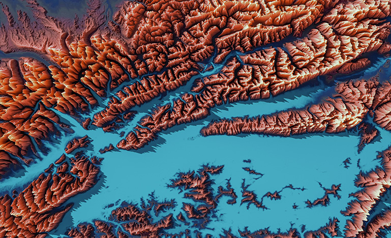 Topographical map of Kingcome Inlet, BC, Canada