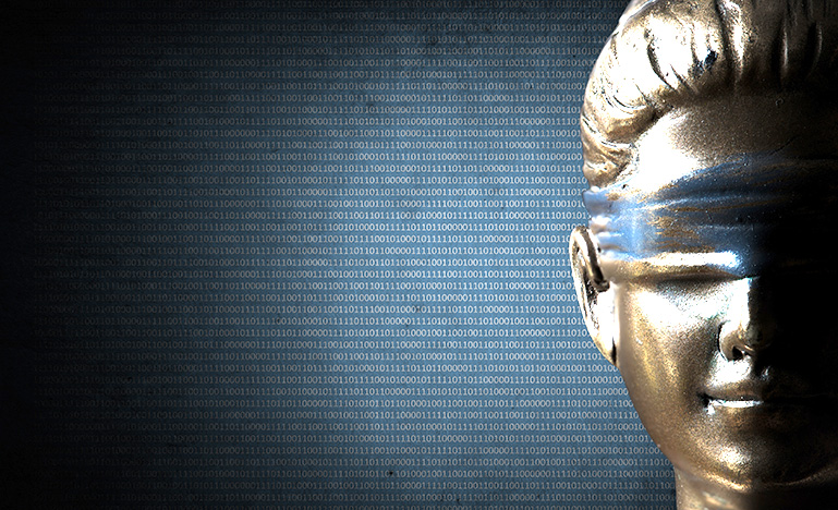 Close up of the face of the goddess of justice with binary code in the background.