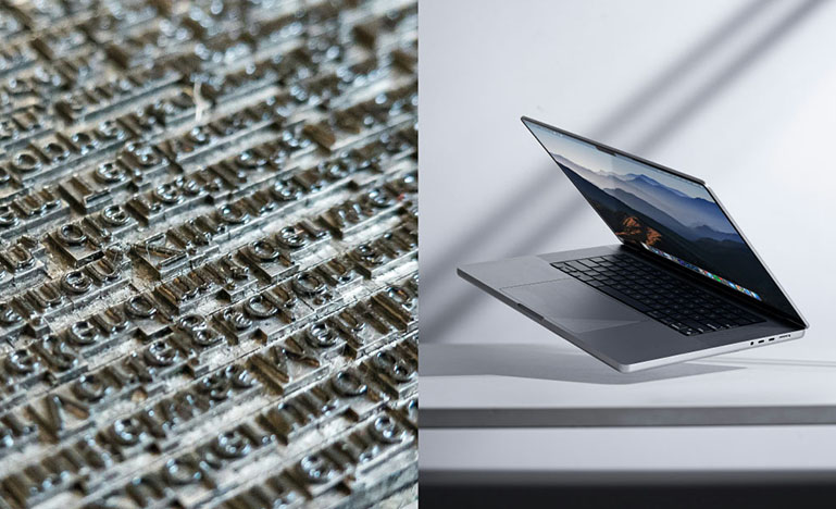 Left: letters for a printing press - Right: a floating laptop
