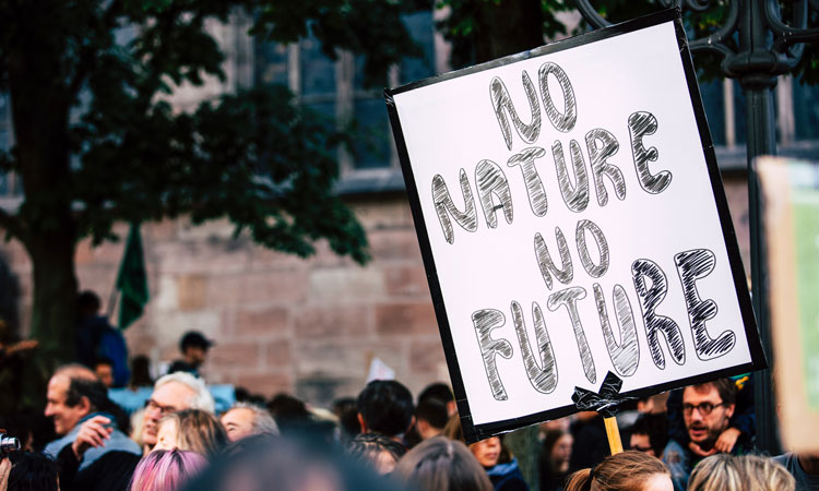 Protest sign held in a crowd with the words "No nature, no future" drawn on it
