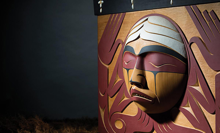 The wood box containing all of the stories compiled for the Truth & Reconciliation Commission.