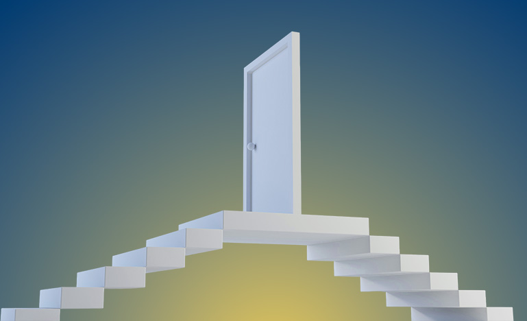 Two sets of stairs rising on either side of a single door.
