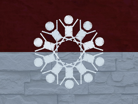 An illustration of 10 stick figures in a circle on top of a two-toned background.