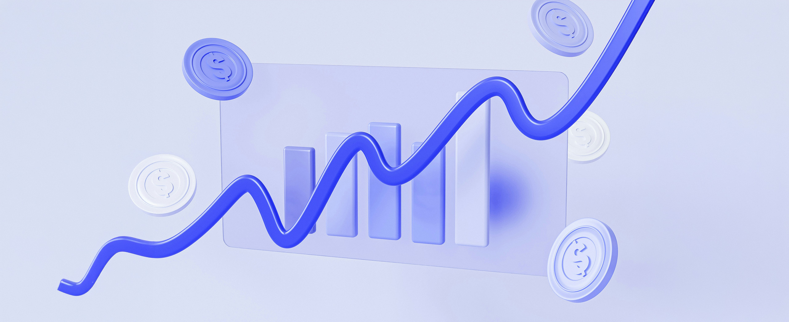 A 3D graphic of a line and bar graph showing increasing funds.